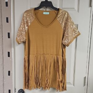 Sequin Sleeve Fringe Top in Mustard